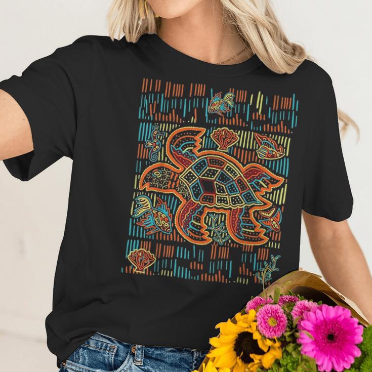 Sea Turtle Inspired By Mola Artwork Of Panama Kuna Women T-Shirt Gifts for Her