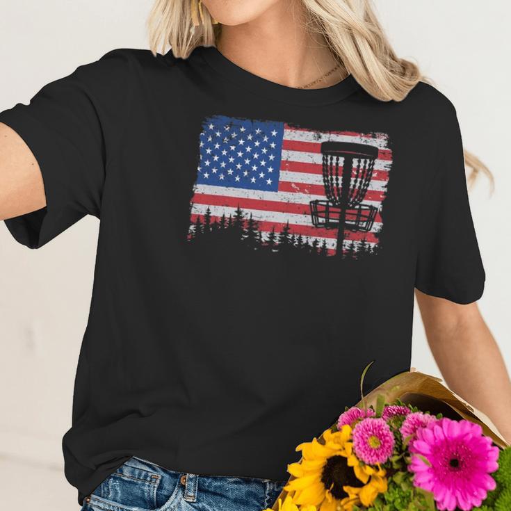 Us American Flag Disc Golf Basket Frisbee Vintage Disc Golf Women T-Shirt Gifts for Her