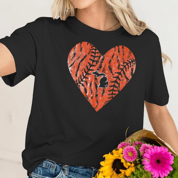 Womens Vintage Detroit Baseball Heart With Tiger Stripes Women T-Shirt Gifts for Her