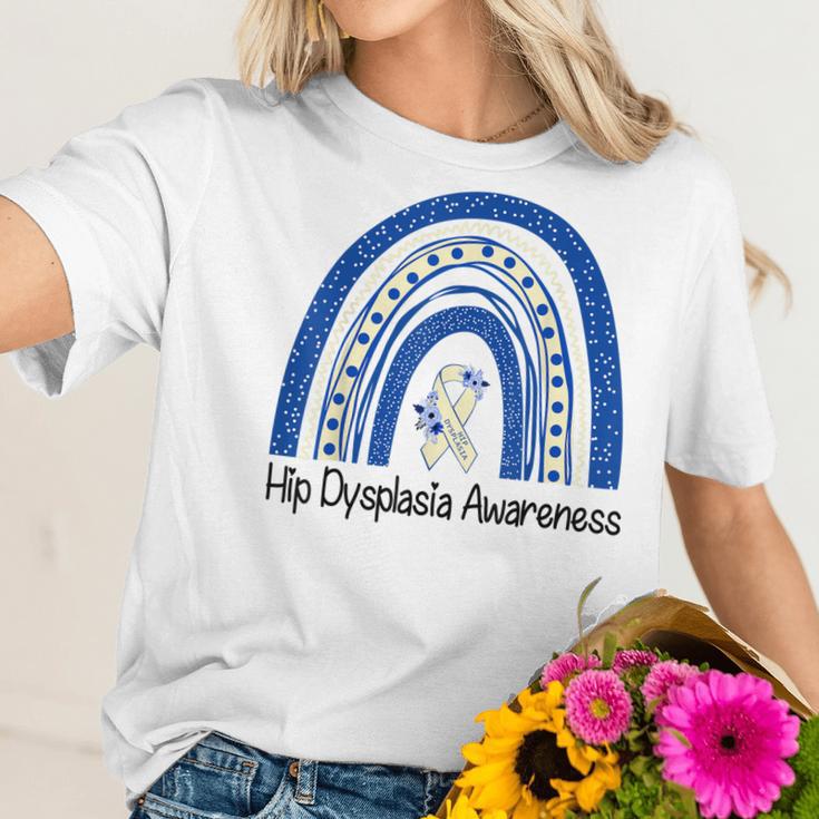 Hip Dysplasia Awareness Floral Blue White Ribbon Rainbow Women T-Shirt Gifts for Her