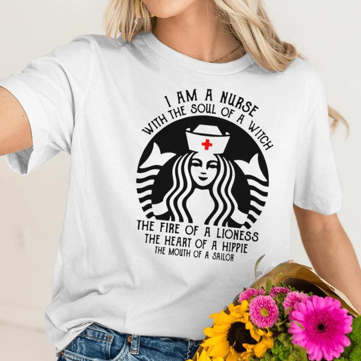 I Am A Nurse Starbuck Parody The Fire Of A Lioness The Heart Of A Hippie Women T-Shirt Gifts for Her