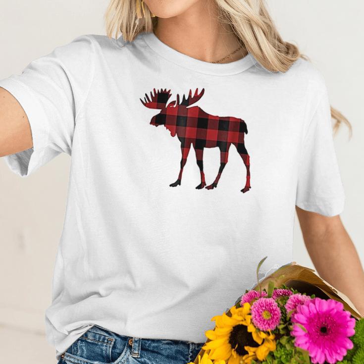 Red Black Buffalo Plaid Flannel Christmas Moose Women T-Shirt Gifts for Her