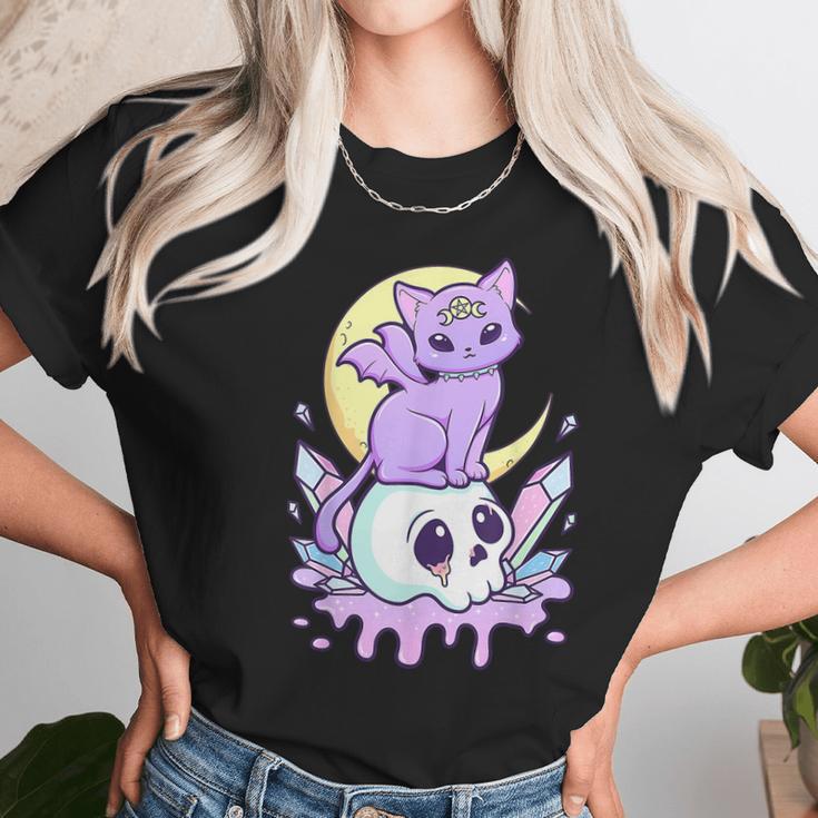 Funny Kawaii Pastel Goth Cute Creepy Witchy Cat And Skull Men Women T-Shirt Graphic Print Casual Unisex Tee Women T-Shirt Gifts for Women