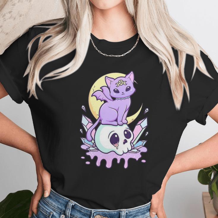 Womens Kawaii Pastel Goth Cute Creepy Witchy Cat And Skull V-Neck Women T-Shirt Gifts for Women