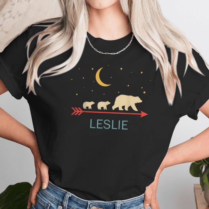 Leslie Name Gift Personalized Mama Bear With 2 Cubs Women T-Shirt Gifts for Women