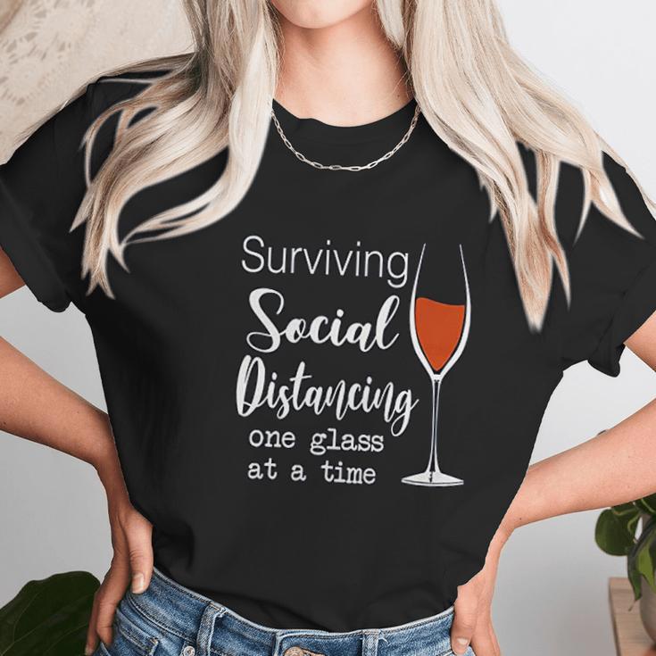 Lucoin Wine Surviving Social Distancing One Glass At A Time Women T-Shirt Gifts for Women