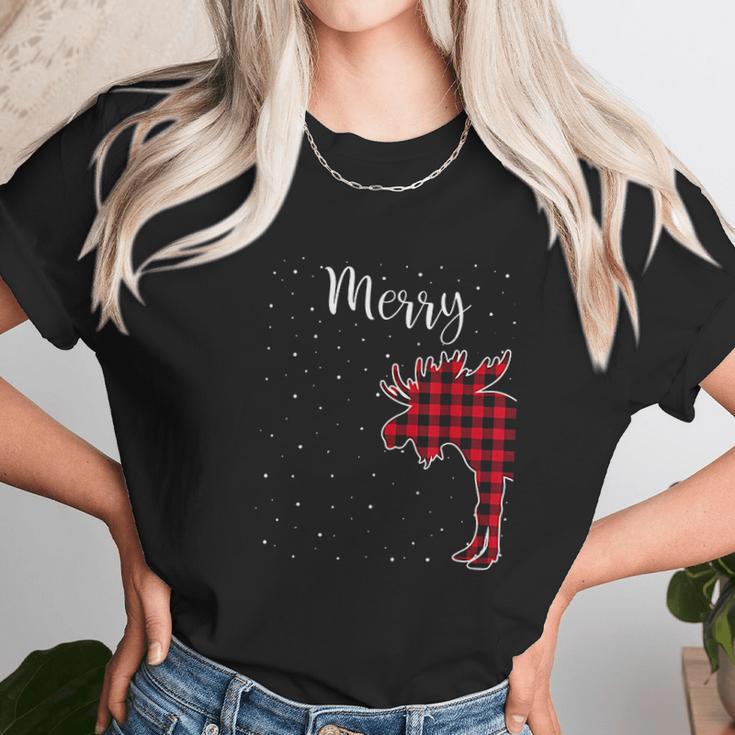 Merry Christmas Red Plaid Buffalo Moose Couples Matching Women T-Shirt Gifts for Women