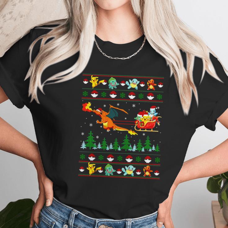 Pokemon And Dinosaur Santa Hat Christmas Women T-Shirt Gifts for Women