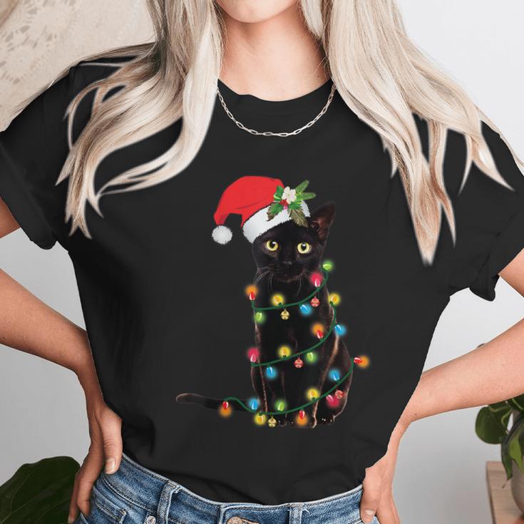 Santa Black Cat Tangled Up In Christmas Tree Lights Holiday Tshirt Women T-Shirt Gifts for Women