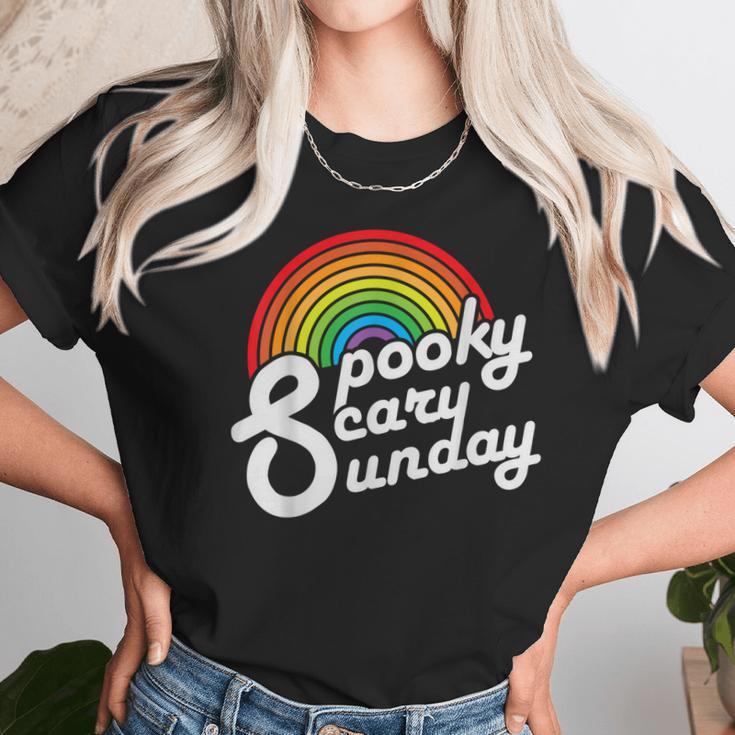 Spooky Scary Sunday Trendy Retro Rainbow Women T-Shirt Gifts for Women