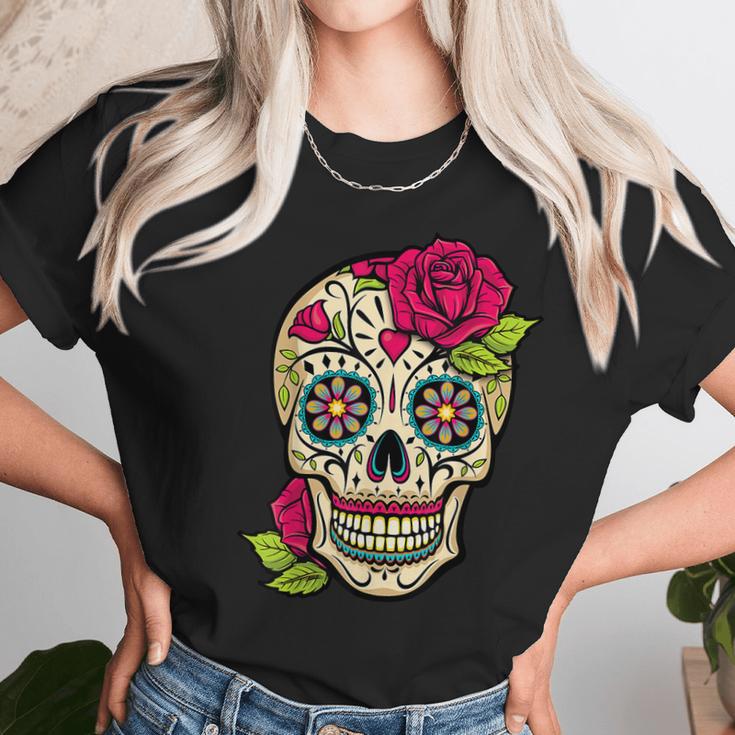 Sugar Skull Flower Crown Day Of The Dead Halloween Men Women T-Shirt Graphic Print Casual Unisex Tee Women T-Shirt Gifts for Women