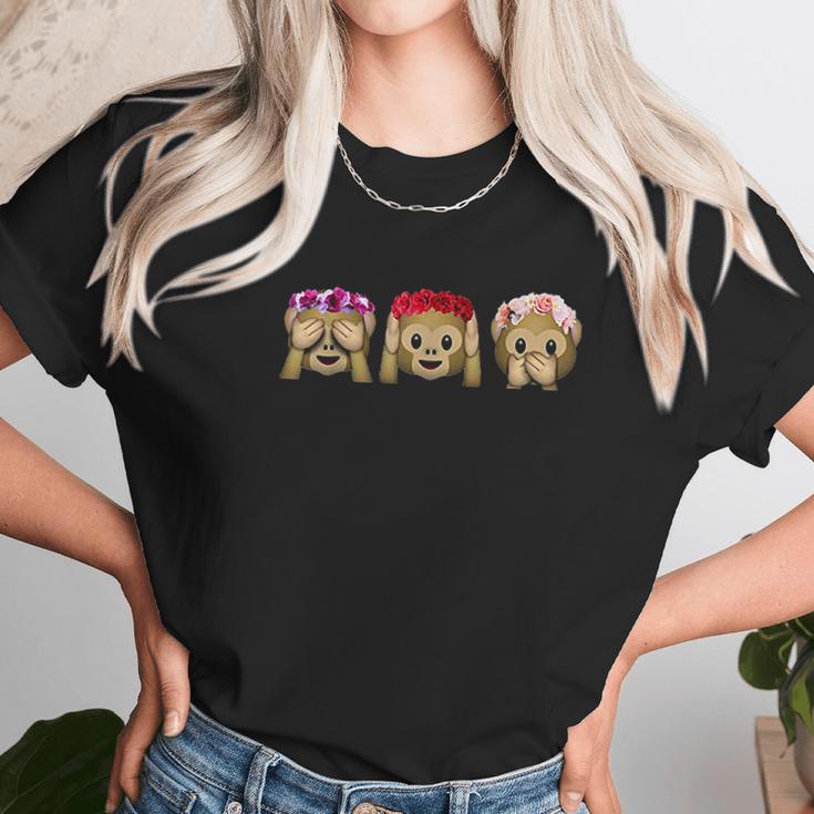 Three Emoji Monkey Flower Hear Speak See No Evil Cute Monkey Women T-Shirt Gifts for Women