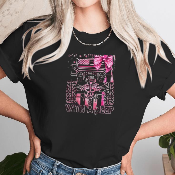 Never Underestimate A Nurse With A Jeep Truck Nurse American Flag Women T-Shirt Gifts for Women