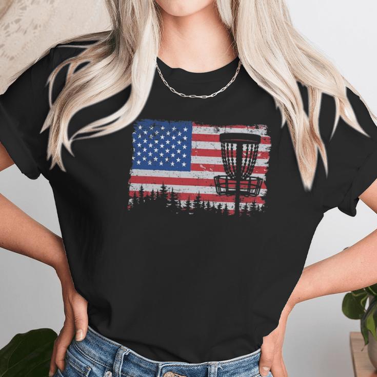 Us American Flag Disc Golf Basket Frisbee Vintage Disc Golf Women T-Shirt Gifts for Women