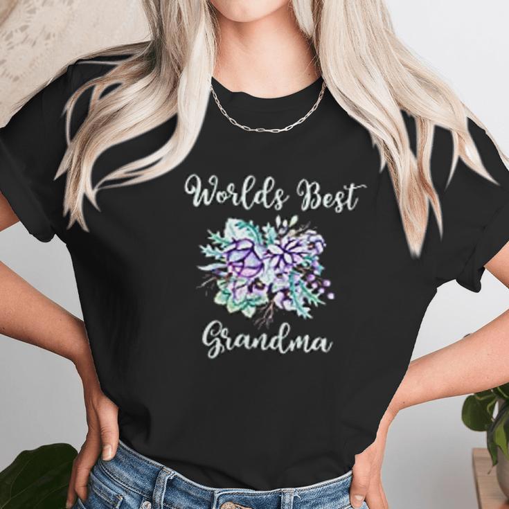 Worlds Best Grandma Gifts Purple Aqua Flower Women T-Shirt Gifts for Women