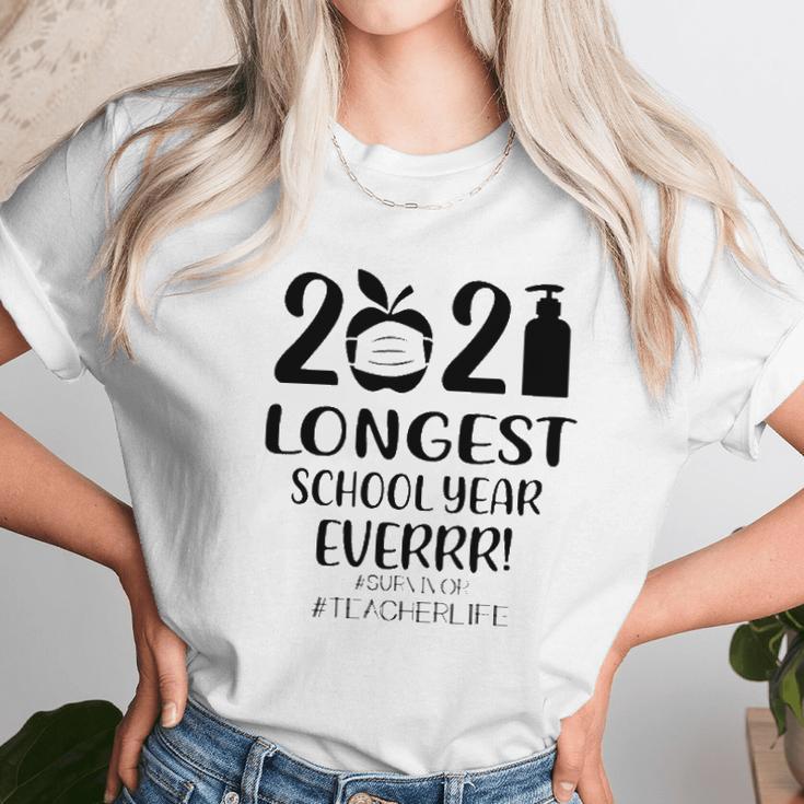 2021 Longest School Year Everrr Survivor Teacher Life Hashtag Apple Wearing Face Mask Hand Sanitizer Women T-Shirt Gifts for Women