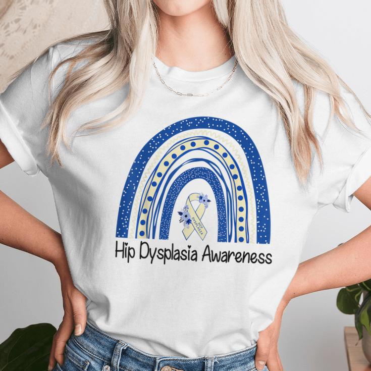 Hip Dysplasia Awareness Floral Blue White Ribbon Rainbow Women T-Shirt Gifts for Women