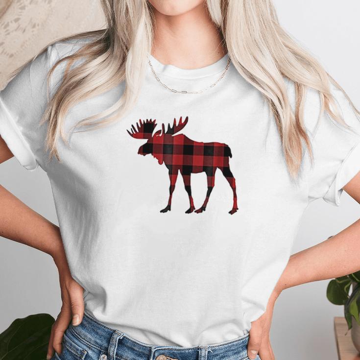 Red Black Buffalo Plaid Flannel Christmas Moose Women T-Shirt Gifts for Women