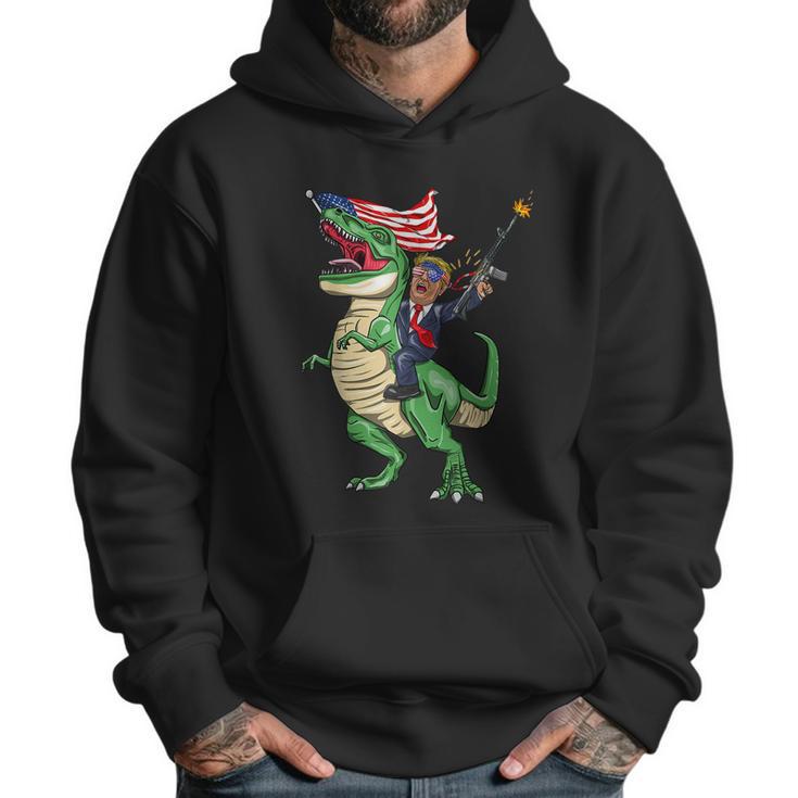 Machine Gun Trump On Rex Dinosaur With American Flag Graphic Design Printed Casual Daily Basic Men Hoodie