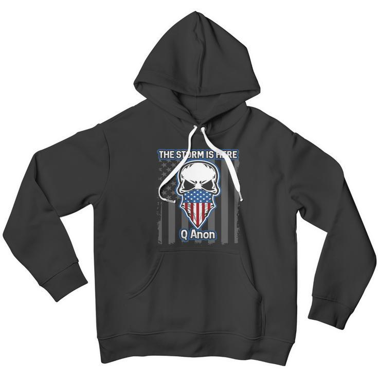 Q Anon Usa Flag Skull The Storm Is Here Men Hoodie