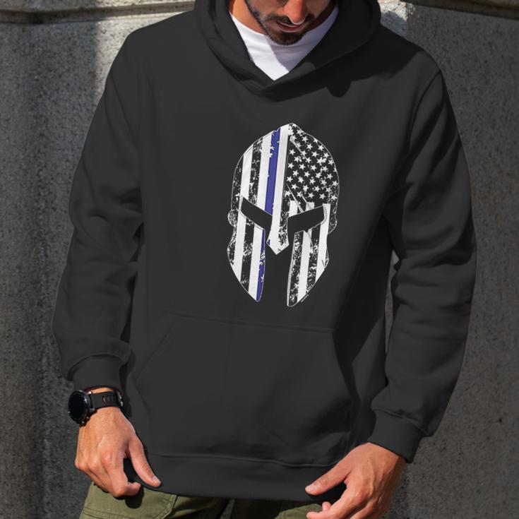 Blue Line American Flag Spartan Head Men Hoodie