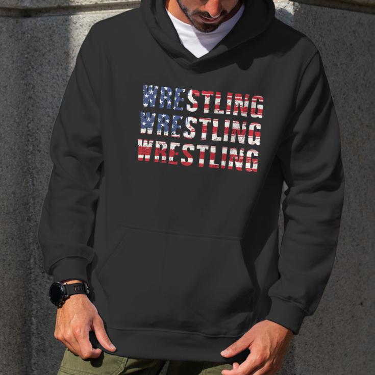 Distressed Usa Wrestling Gift American Flag Gift Men Hoodie