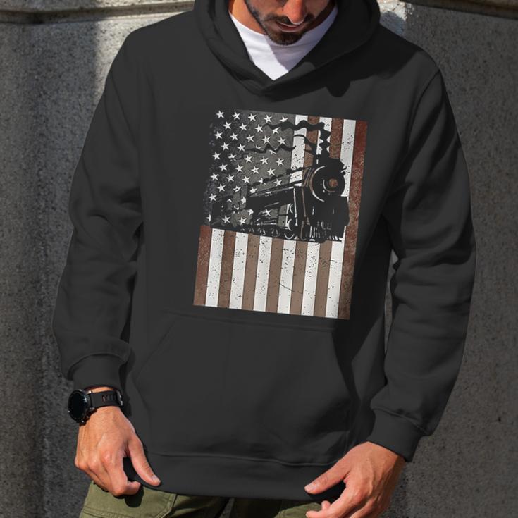 Train Locomotive Engine American Flag Model Builder Vintage Men Hoodie