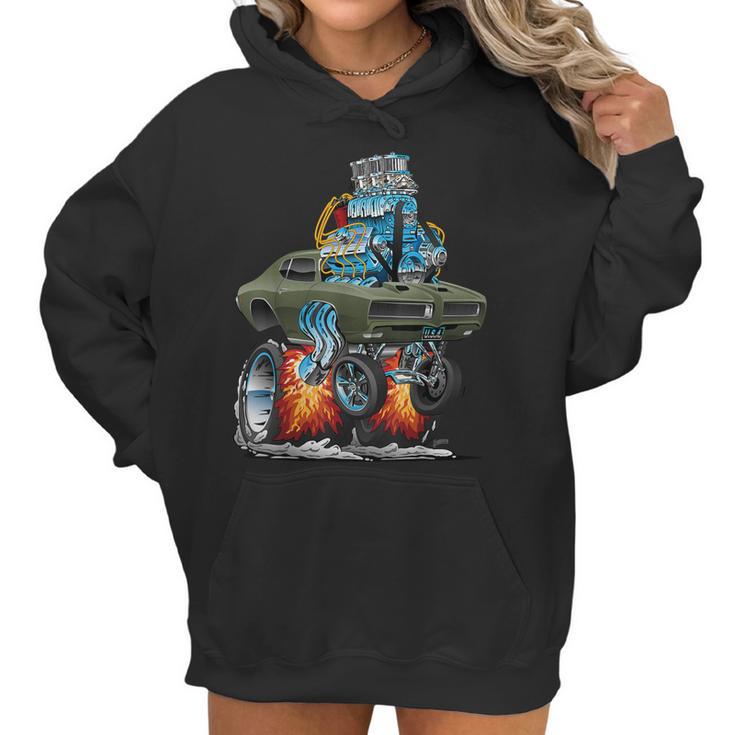 Classic Sixties Muscle Car Funny Dragster Hot Rod Cartoon  V3 Women Hoodie