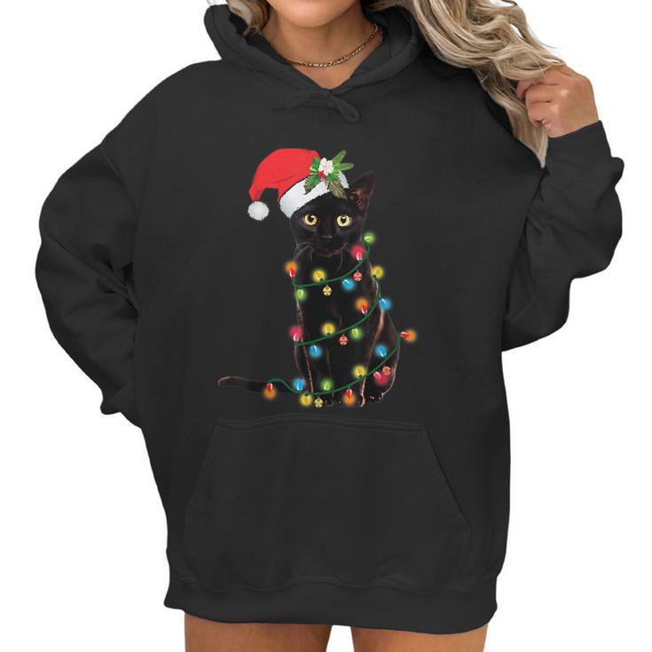 Santa Black Cat Tangled Up In Christmas Tree Lights Holiday Tshirt Women Hoodie