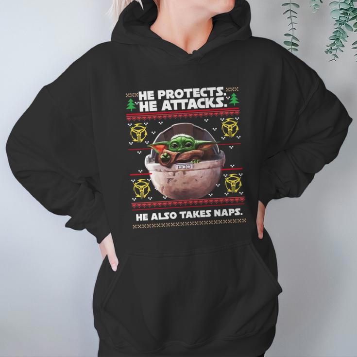 Baby Yoda He Protects He Attacks He Also Takes Naps Christmas Sweater Women Hoodie Gifts for Her