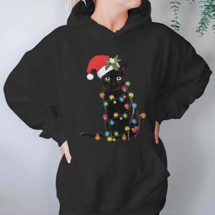 Black Santa Cat Tangled Up In Lights Christmas Santa Women Hoodie Gifts for Her