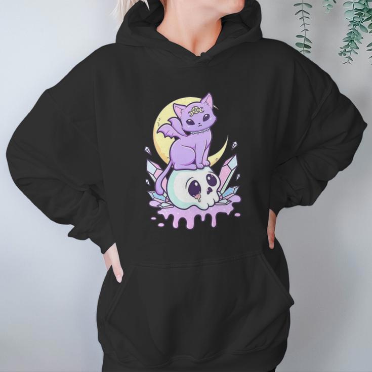 Womens Kawaii Pastel Goth Cute Creepy Witchy Cat And Skull V-Neck Women Hoodie Gifts for Her