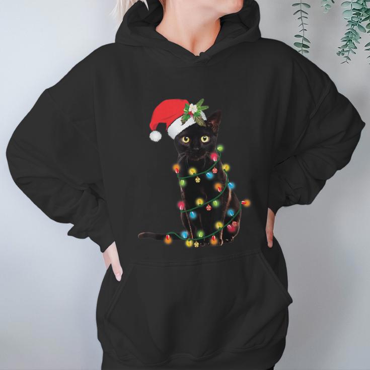 Santa Black Cat Tangled Up In Christmas Tree Lights Holiday Tshirt Women Hoodie Gifts for Her