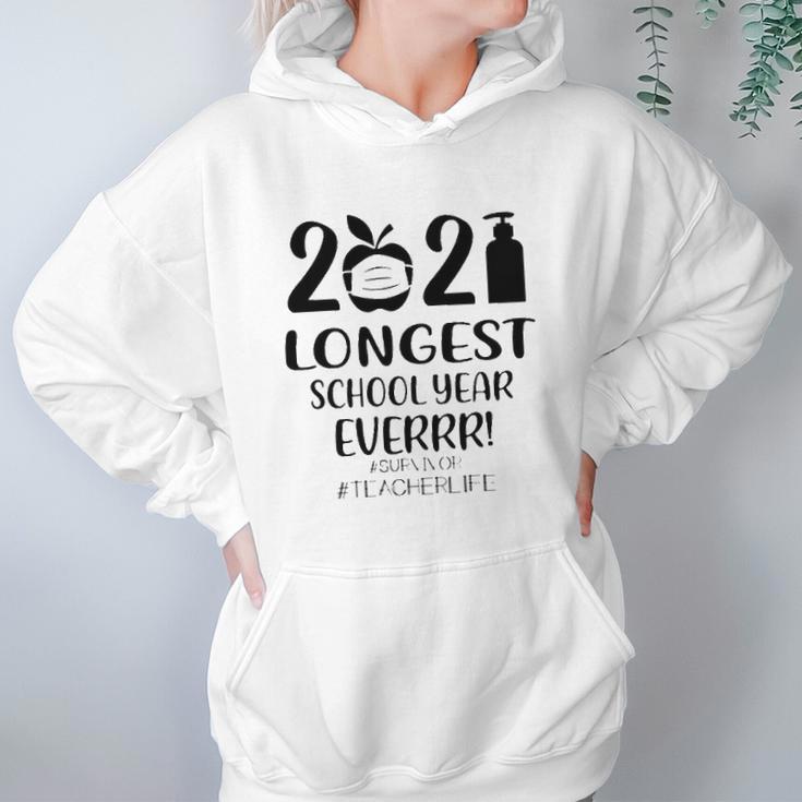 2021 Longest School Year Everrr Survivor Teacher Life Hashtag Apple Wearing Face Mask Hand Sanitizer Women Hoodie Gifts for Her