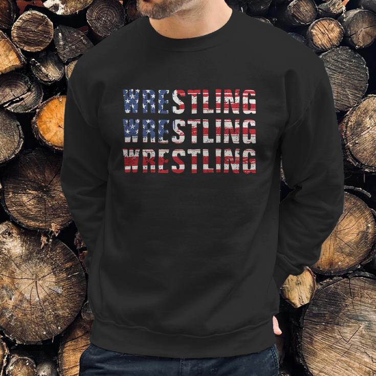 Distressed Usa Wrestling Gift American Flag Gift Men Sweatshirt