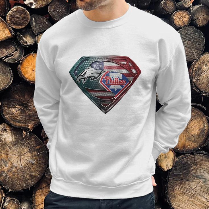 Official Philadelphia Eagles And Philadelphia Phillies Superman American Flag Layer Simpson Shirt Men Sweatshirt