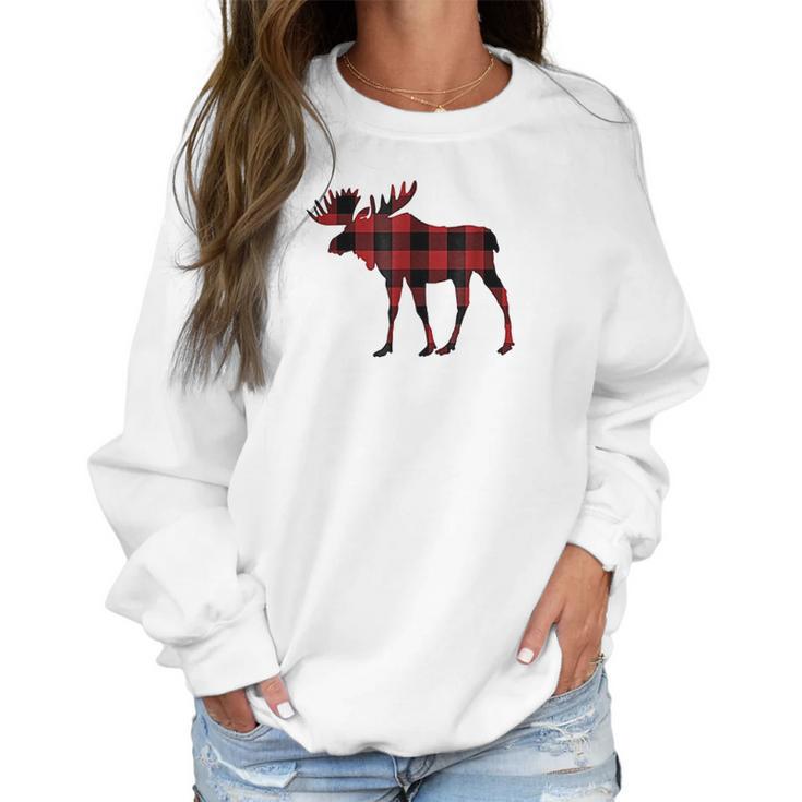 Red Black Buffalo Plaid Flannel Christmas Moose Women Sweatshirt