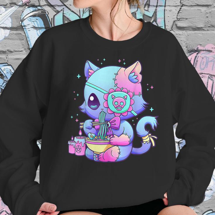 Kawaii Creepy Cat Eating Ramen Noodles Pastel Goth Aesthetic Men Women T-Shirt Graphic Print Casual Unisex Tee Women Sweatshirt Gifts for Her