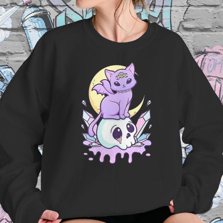 Womens Kawaii Pastel Goth Cute Creepy Witchy Cat And Skull V-Neck Women Sweatshirt Gifts for Her