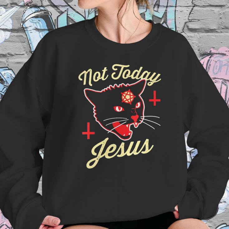 Womens Not Today Jesus Hail Satan Satanic Cat Death Metal Halloween V-Neck Women Sweatshirt Gifts for Her