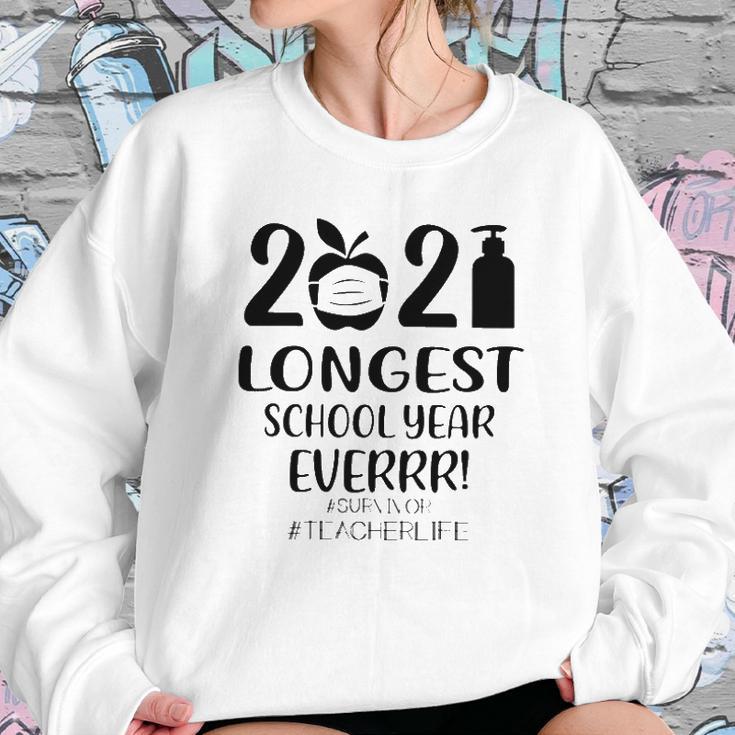 2021 Longest School Year Everrr Survivor Teacher Life Hashtag Apple Wearing Face Mask Hand Sanitizer Women Sweatshirt Gifts for Her