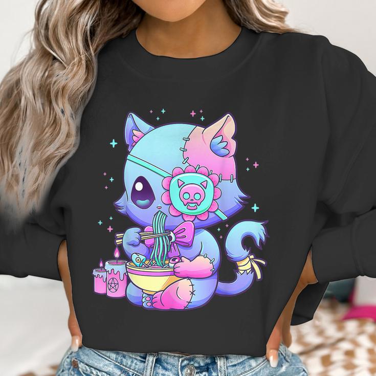 Kawaii Creepy Cat Eating Ramen Noodles Pastel Goth Aesthetic Men Women T-Shirt Graphic Print Casual Unisex Tee Women Sweatshirt Gifts for Women