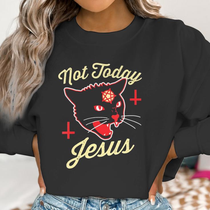 Womens Not Today Jesus Hail Satan Satanic Cat Death Metal Halloween V-Neck Women Sweatshirt Gifts for Women