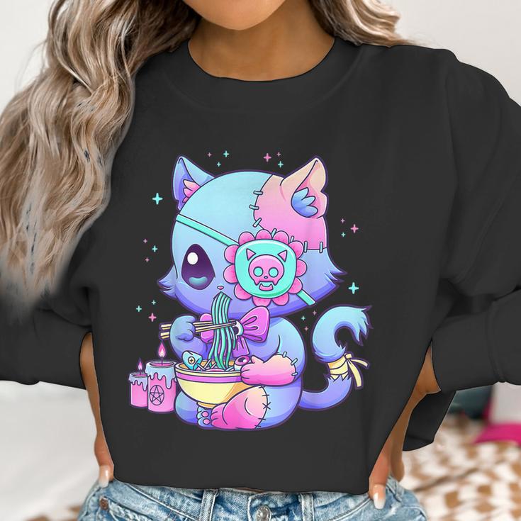 Pastel Goth Aesthetic Kawaii Creepy Cat Eating Ramen Noodles Men Women T-Shirt Graphic Print Casual Unisex Tee Women Sweatshirt Gifts for Women