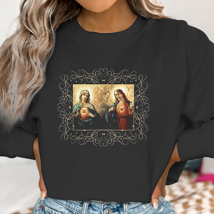 Sacred Heart And Immaculate Heart Picture Jesus And Mary Women Sweatshirt Gifts for Women