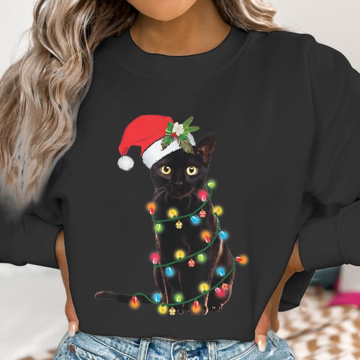 Santa Black Cat Tangled Up In Christmas Tree Lights Holiday Tshirt Women Sweatshirt Gifts for Women