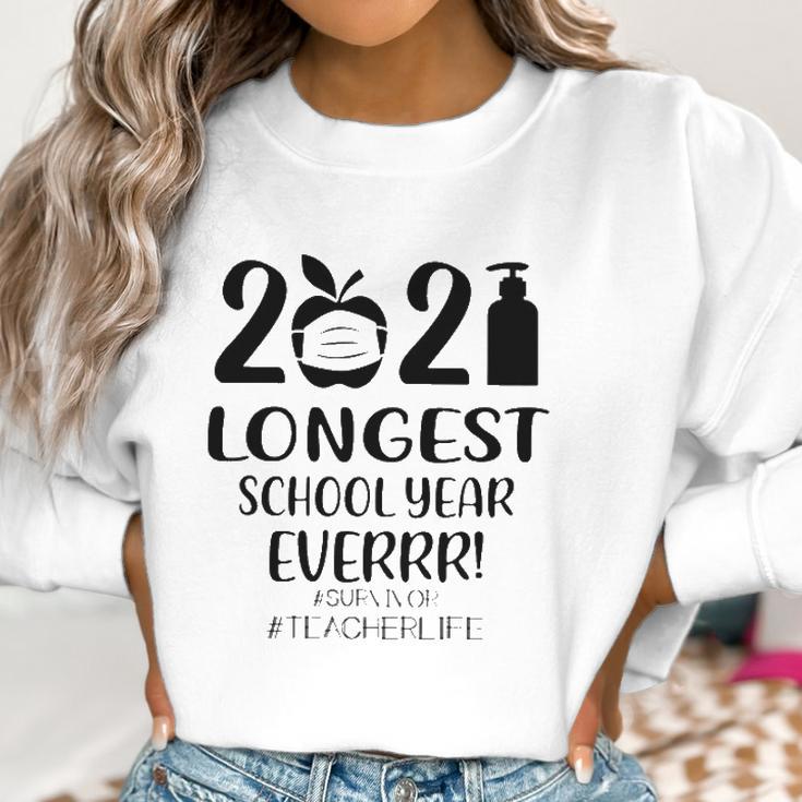 2021 Longest School Year Everrr Survivor Teacher Life Hashtag Apple Wearing Face Mask Hand Sanitizer Women Sweatshirt Gifts for Women