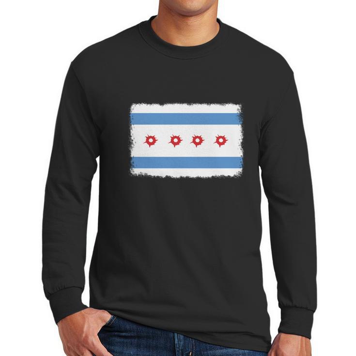 Bullet Hole Chicago Flag T-Shirts Men Long Sleeve Tshirt