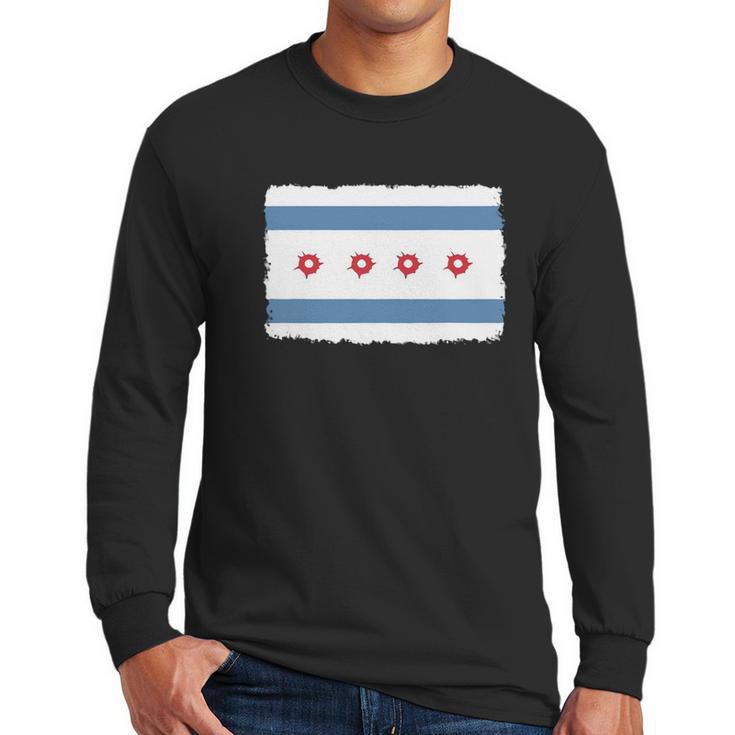 Bullet Hole Chicago Flag T-Shirts Men Long Sleeve Tshirt