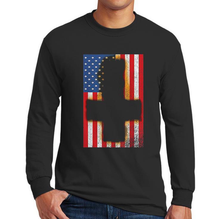 Burned Upside & Down Cross American Flag Satanism Men Long Sleeve Tshirt